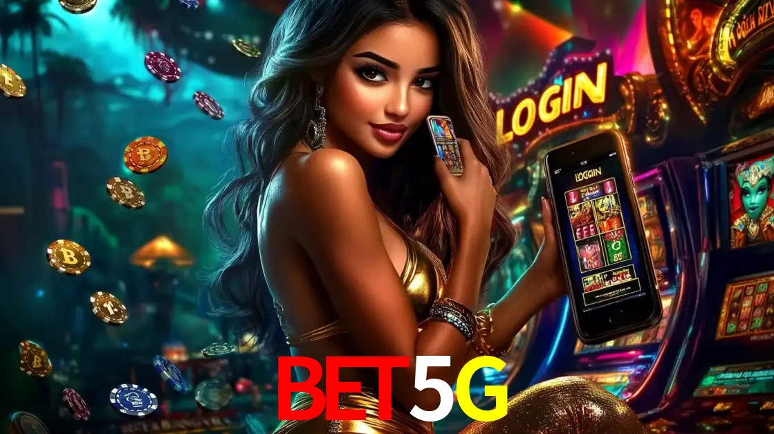 Mulher em um cenário de cassino temático de aventura, mostrando o app de caça-níqueis da BET5G no celular. Fichas de apostas flutuam ao redor.