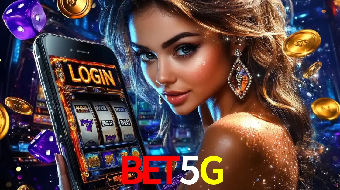 Mulher glamorosa segurando um smartphone com a tela de login para os jogos de caça-níqueis do cassino online BET5G, com moedas de ouro e dados ao redor.