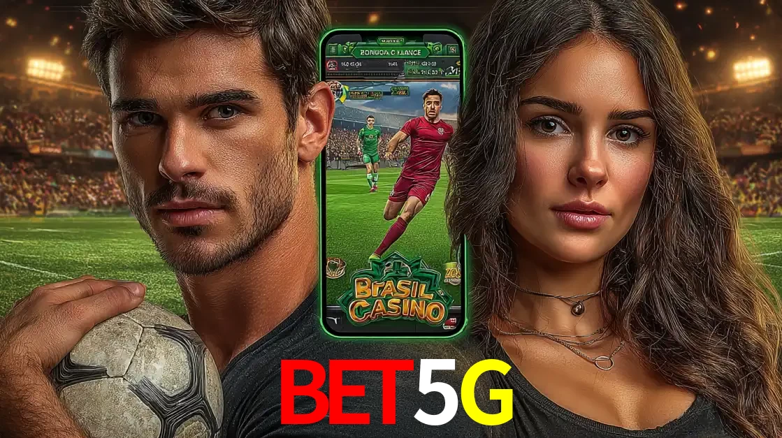 Homem segurando uma bola de futebol e uma mulher ao lado de um smartphone exibindo o jogo de apostas esportivas da BET5G. Faça seu palpite no cassino online.